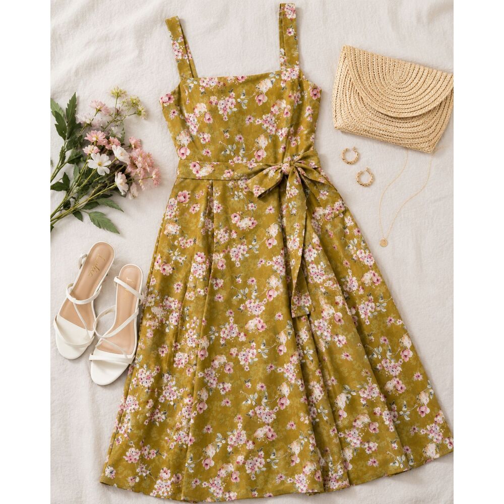 Lulus Sunny Posture Chartreuse Floral Sleeveless Midi Dress